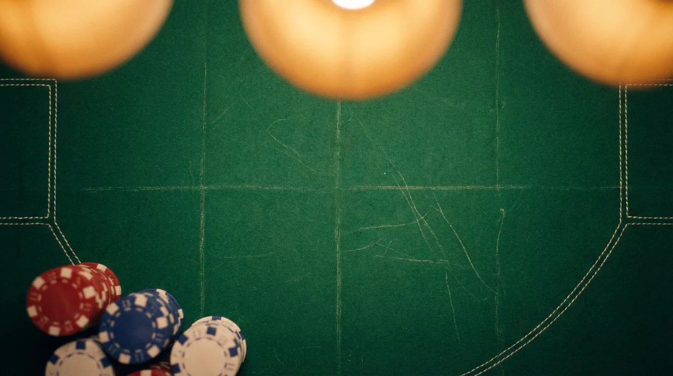 Close-up of a green baize casino table surface under warm overhead lighting