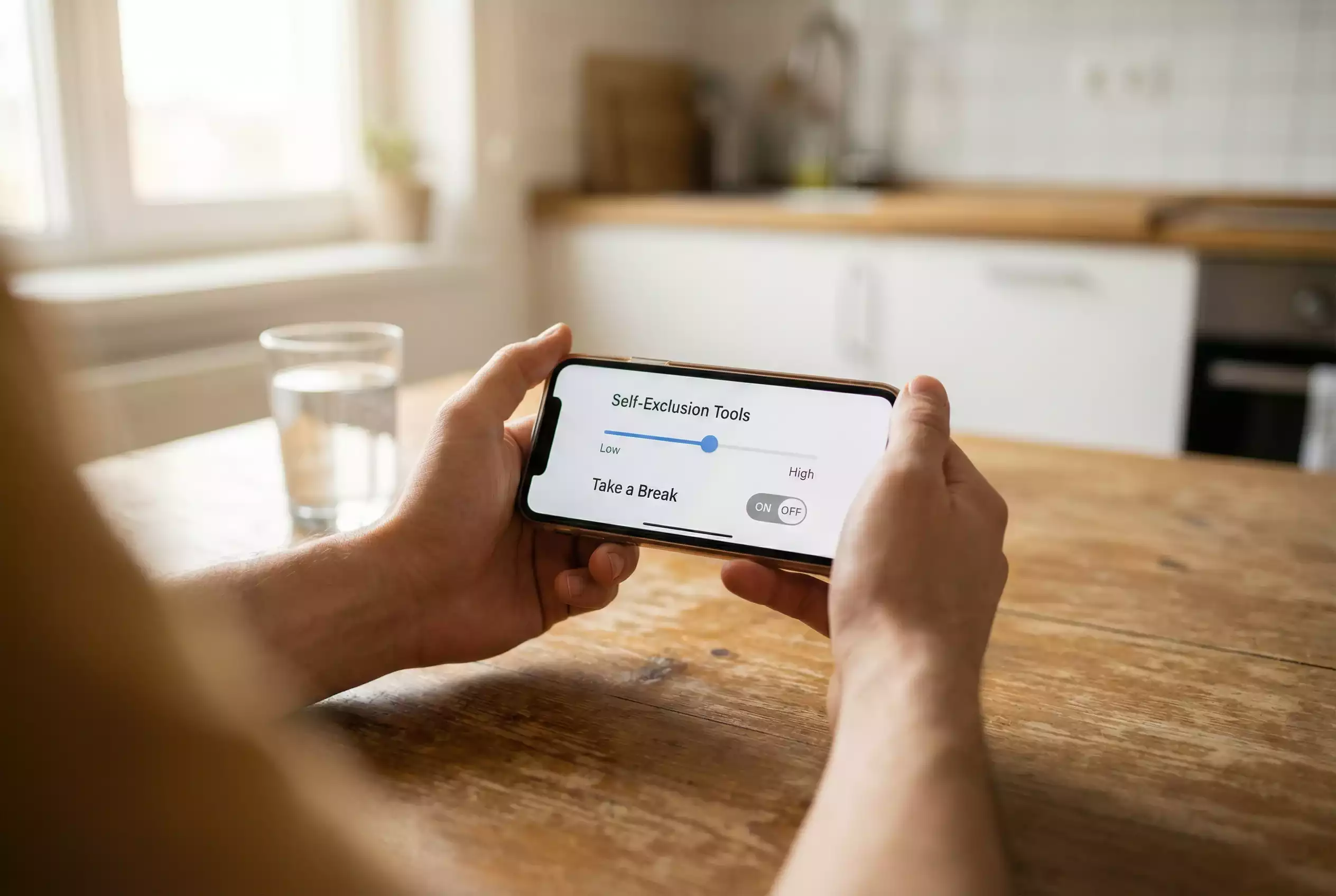 Close-up of a hand setting a deposit limit on a mobile phone gambling app screen